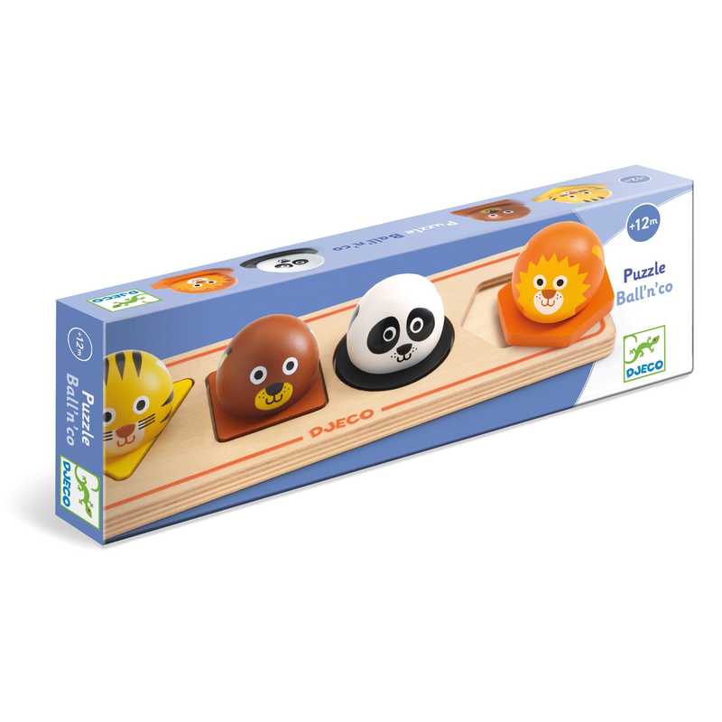 Detalhe das peças do puzzle Djeco Ball'n'Co com cabeças de animais | djeco-puzzle-ballnco-lollakids