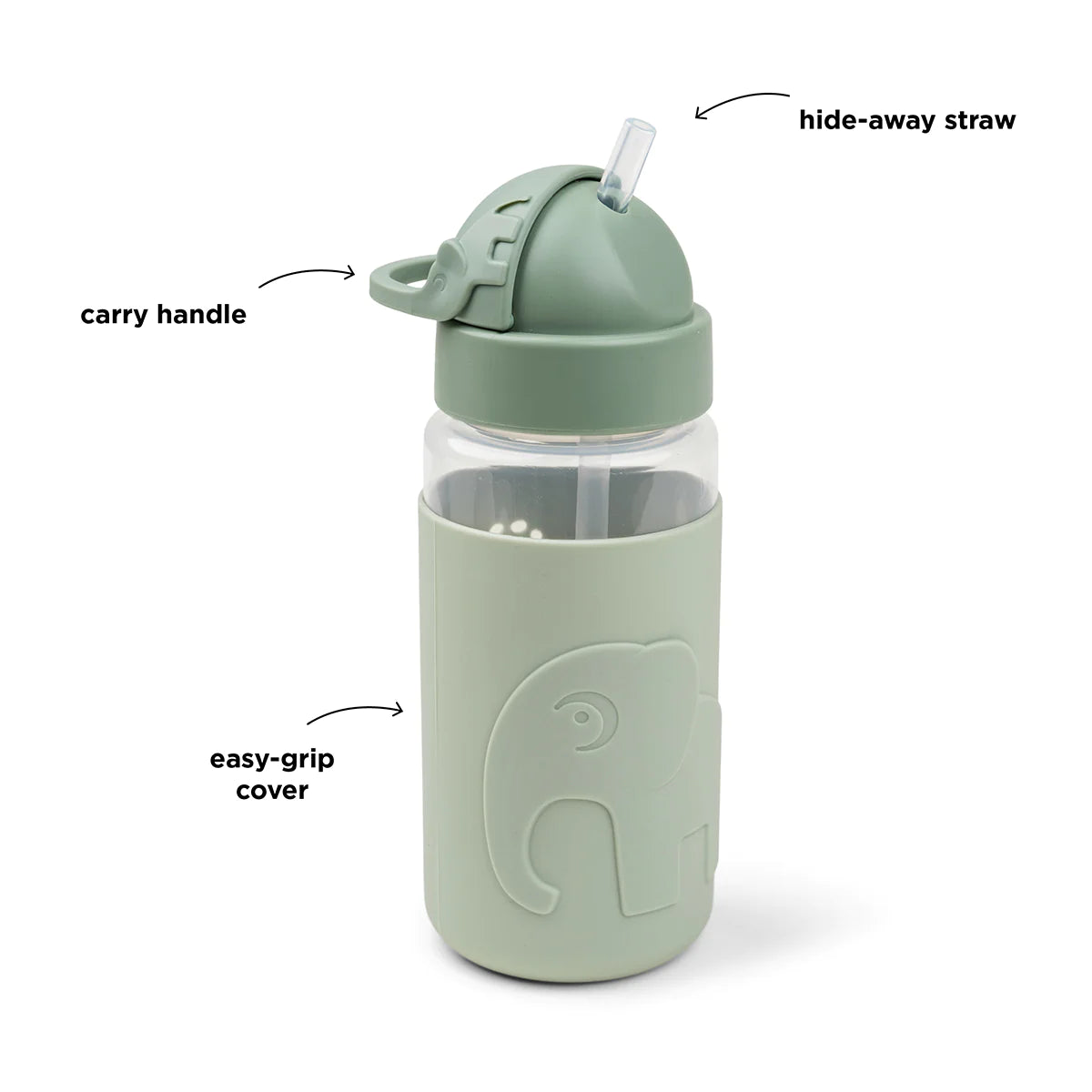 Elphee Green Bottle with Straw and Protective Strap