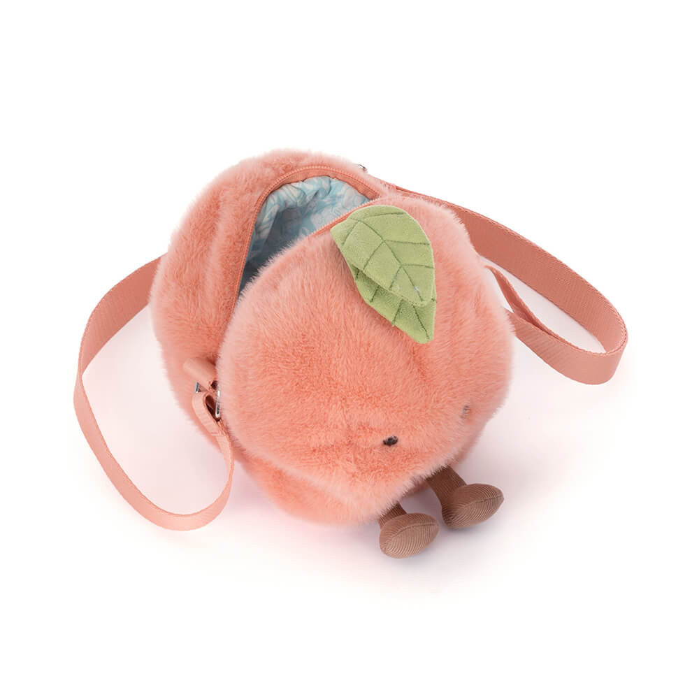Detalhe da mala de ombro Jellycat Amuseables Pêssego | jellycat-mala-ombro-pessego-lollakids
