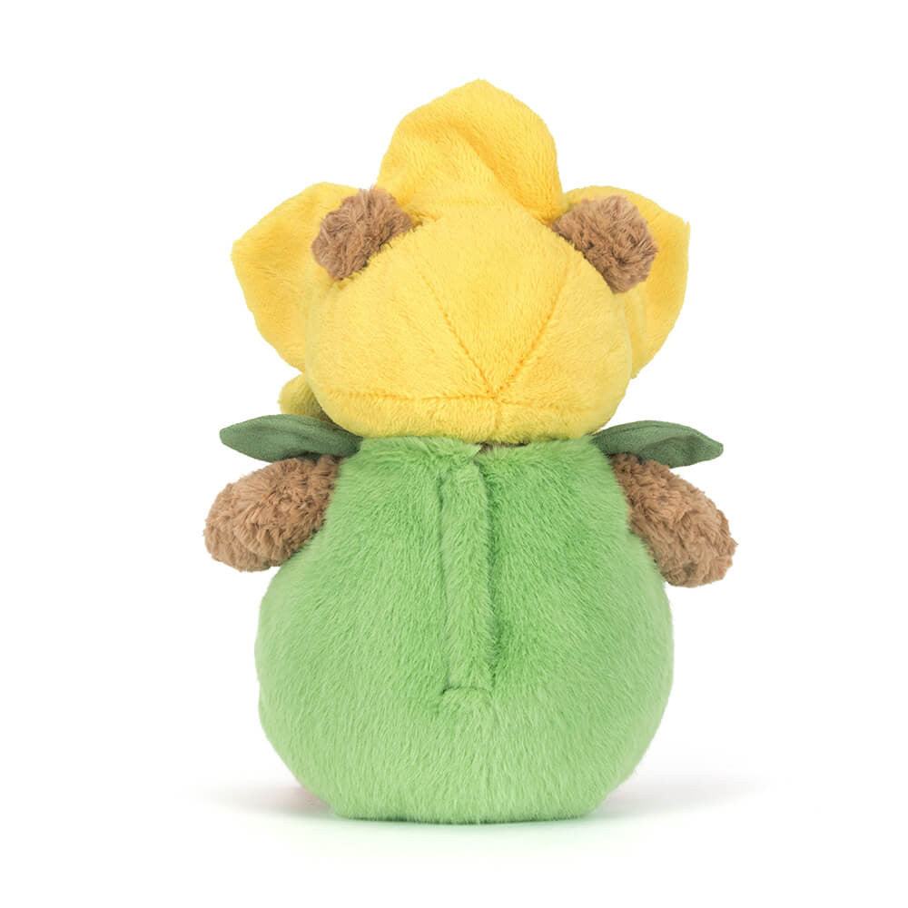 Vista de trás do Bartholomew Bear Jellycat com traje de narciso sentado