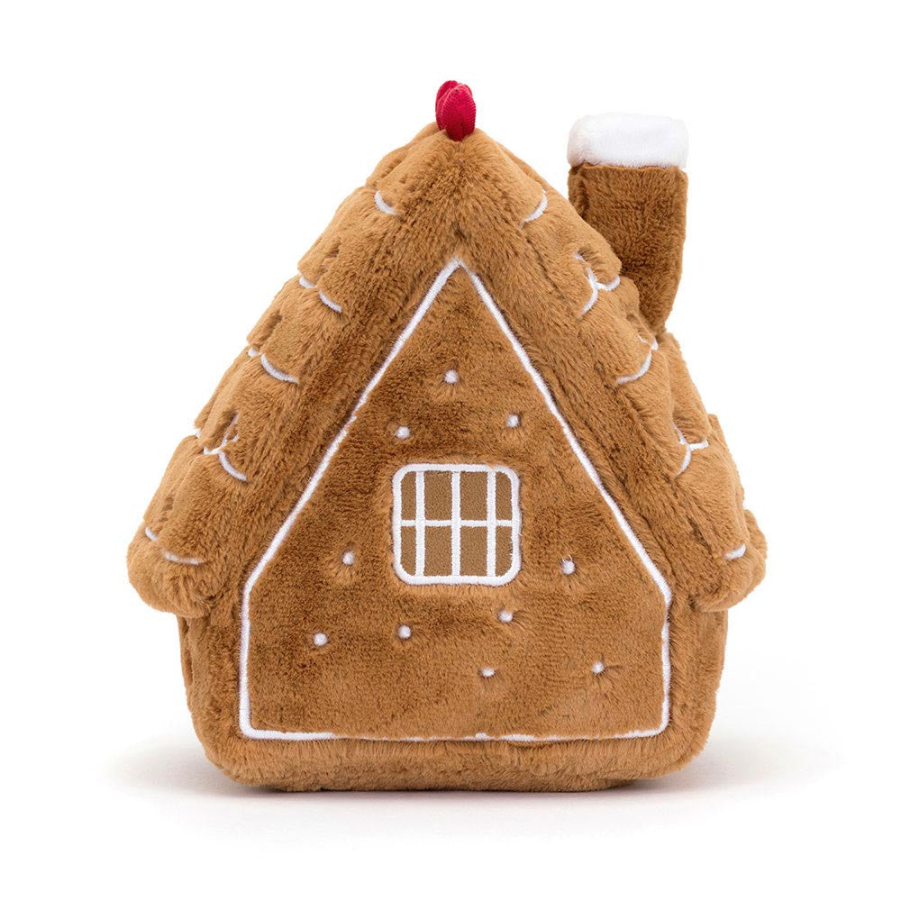 Imagem traseira da Amuseables Gingerbread House da Jellycat – casinha de peluche natalícia ideal para decoração ou presente de Natal criativo.