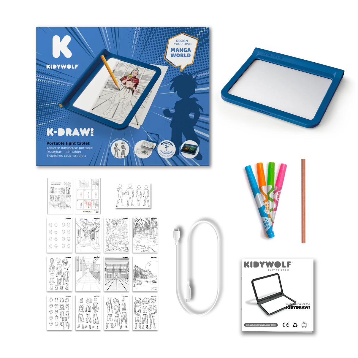 Acessórios da mesa de desenho iluminada K-DRAW PRO: decalques, marcador e tampa magnética.