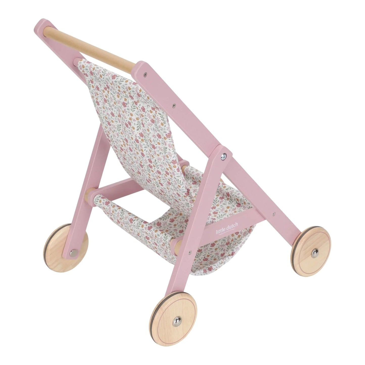 Detalhe do assento Soft Flowers no carrinho de bonecas rosa e das rodas de borracha