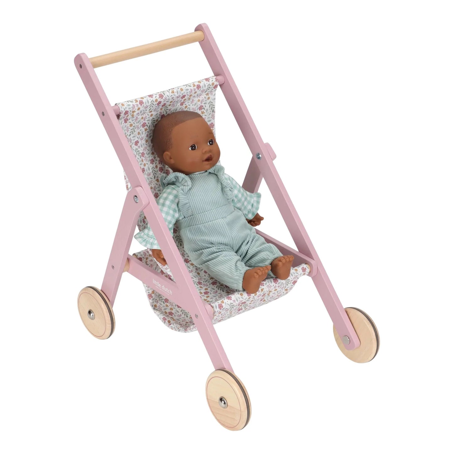 Vista do carrinho de bonecas Essentials Little Dutch com boneco