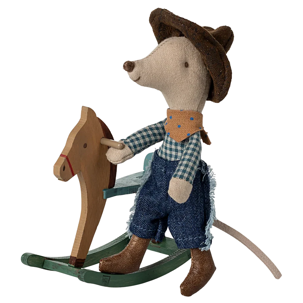 Rato Cowboy no Cavalo de Baloíço da Maileg Irmão Mais Novo | maileg-rato-cowboy-cavalo-lollakids