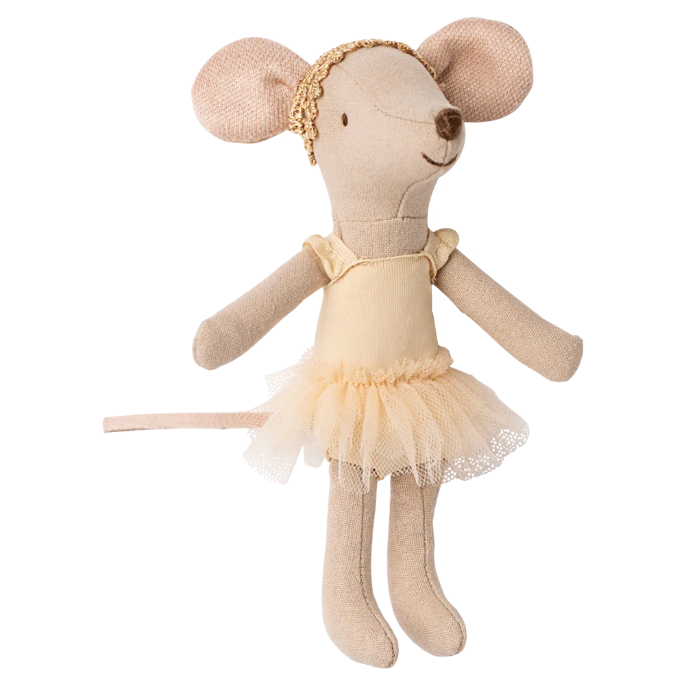Maileg Ratinha Bailarina (Irmã Mais Velha) com Suporte & Caixa Tubo – 13 cm | 
