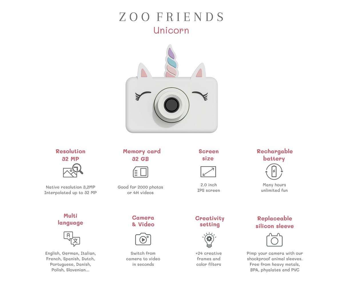 Zoofamily Unicorn: Câmara Infantil 3,2 MP, 32 GB, Ecrã 2''