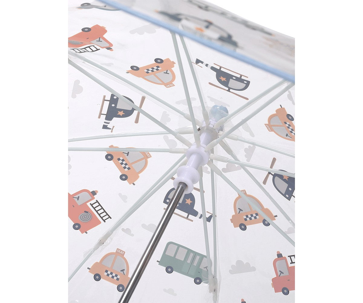 Guarda-chuva infantil transparente Tutete City Cars aberto, estrutura em fibra de vidro, pega em J.