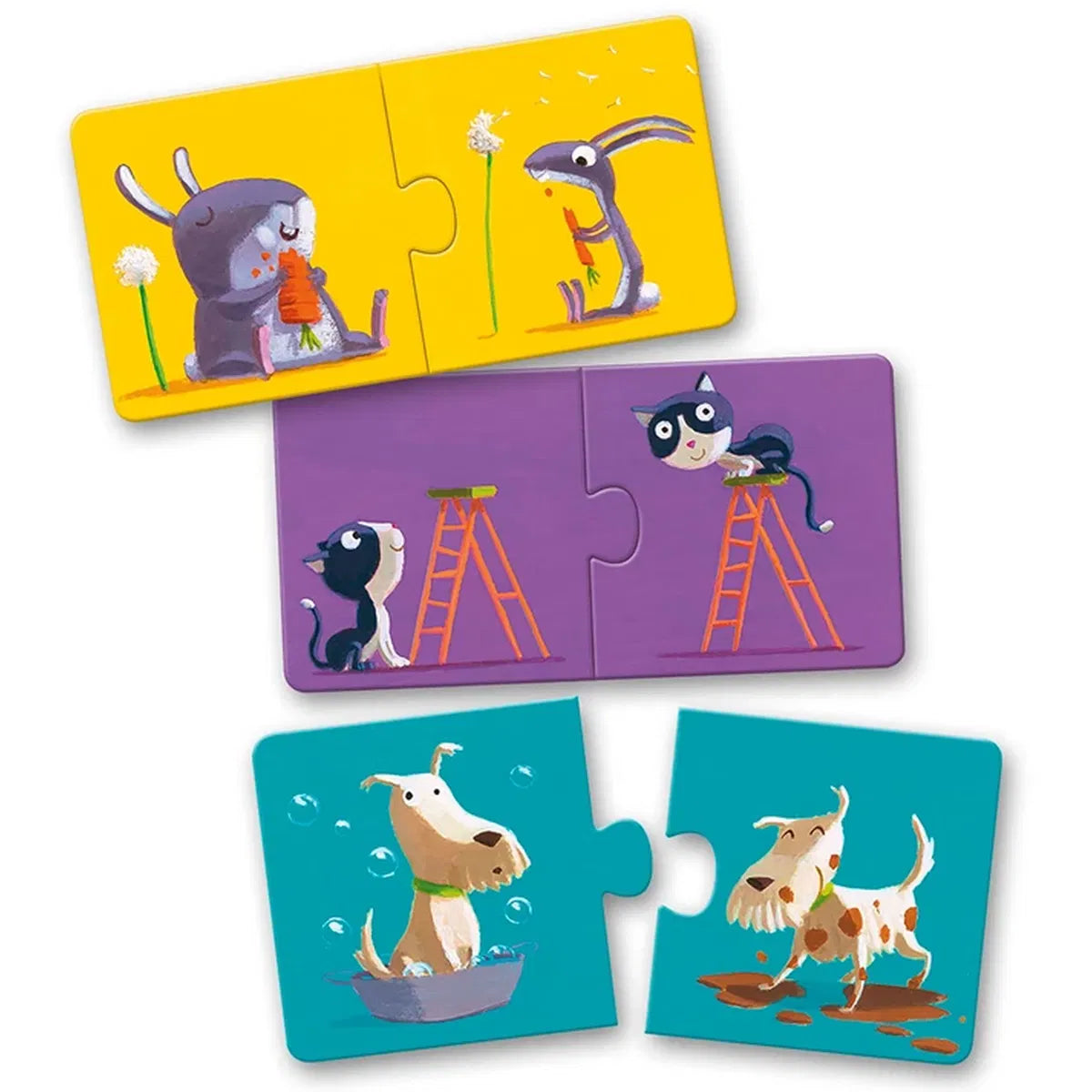 Conjunto de 12 puzzles de duas peças, em cartão resistente, adequado às mãos pequenas.