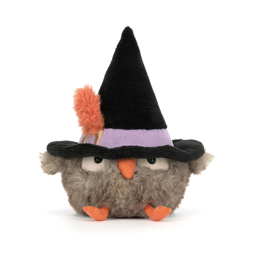 Jellycat Heccaty Hootnightly coruja peluche detalhe chapéu bruxa