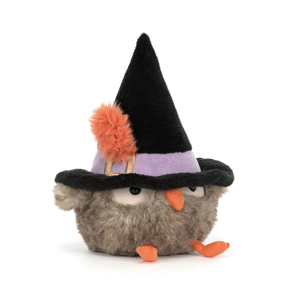 Jellycat Heccaty Hootnightly coruja peluche com chapéu de bruxa vista frontal