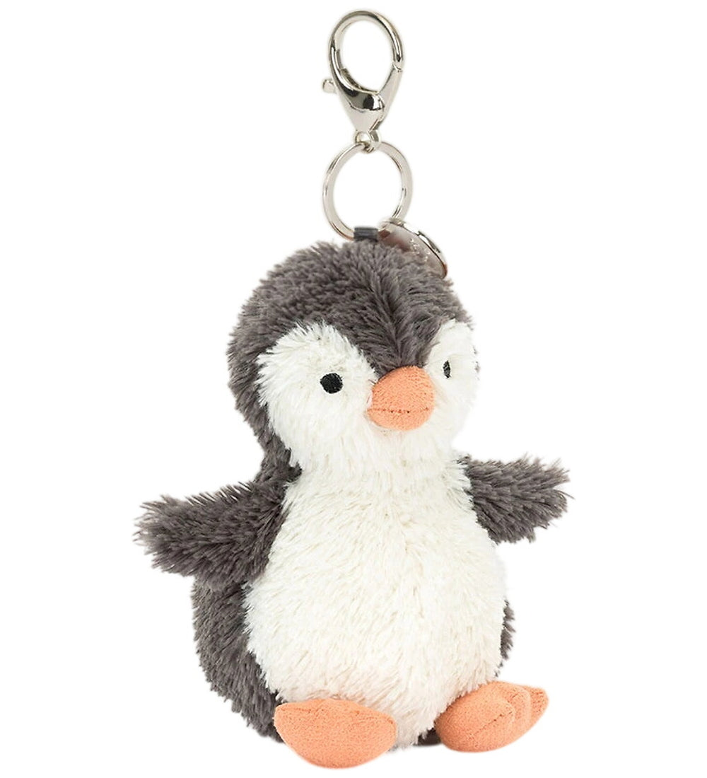 Porta-chaves pinguim de peluche Jellycat Peanut cinzento e branco com mosquetão prateado | jellycat-porta-chaves-pinguim-lollakids