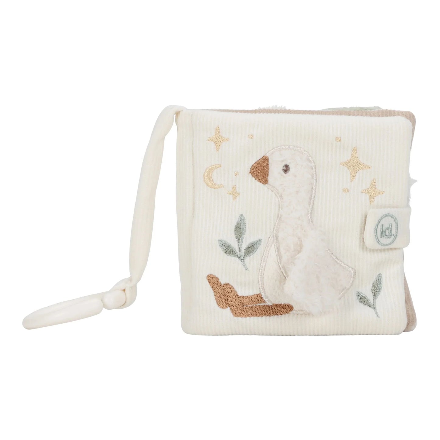 Livrinho de tecido branco da coleção Newborn Naturals, com ilustração suave de animal. Páginas macias e design minimalista. Ideal para bebés.