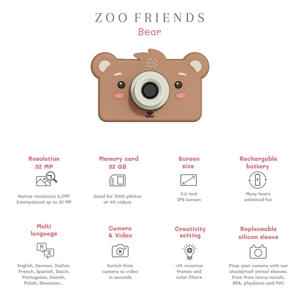 Zoofamily Bear: Câmara Infantil 3,2 MP, 32 GB, Ecrã 2''