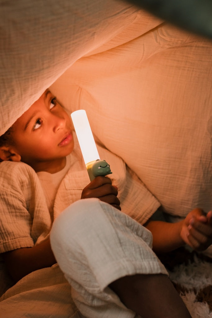 Criança com a Luz Infantil Zoo Light Dino The Zoo Family | zoofamily-luz-infantil-zoo-light-dino-lollakids