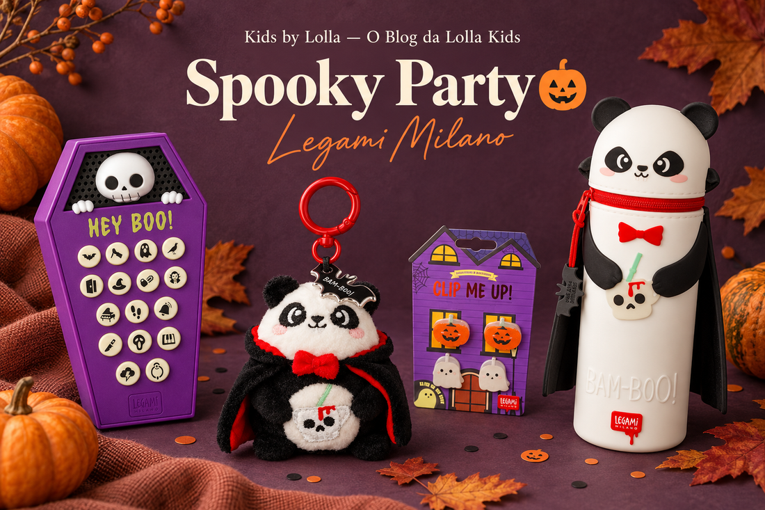 Coleção Spooky Party da Legami Milano — peluche Panda Vampiro, soundboard "Hey Boo!", estojo Bam-Boo! e clips abóbora