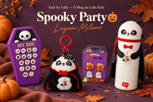 Coleção Spooky Party da Legami Milano — peluche Panda Vampiro, soundboard "Hey Boo!", estojo Bam-Boo! e clips abóbora