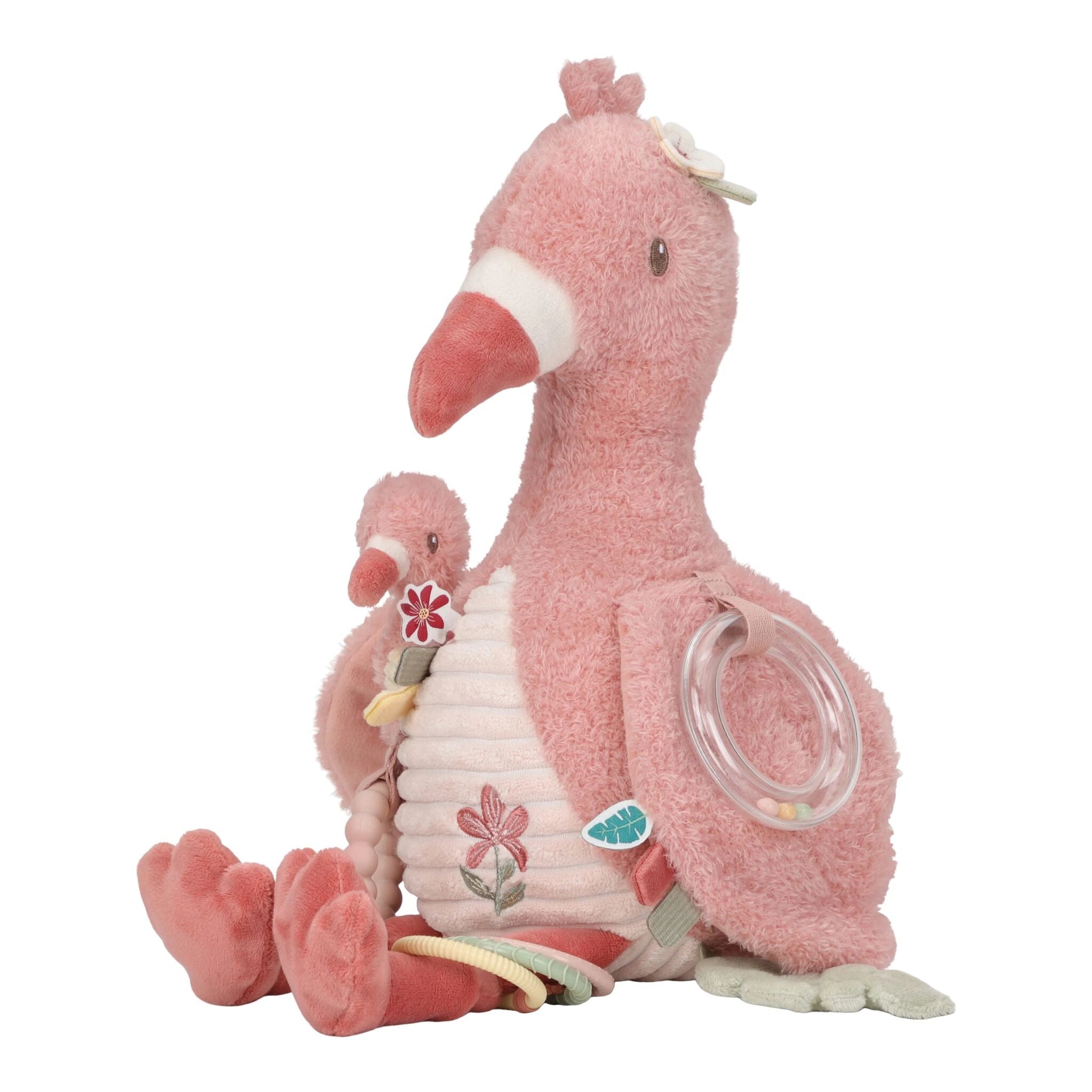Detalhe do espelho e argolas da peluche flamingo