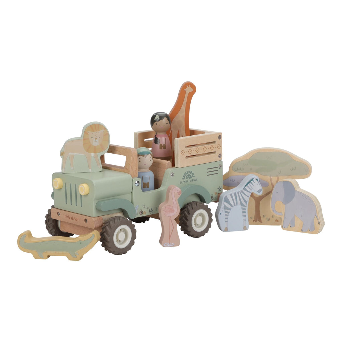 Carro Safari de Madeira com Animais Verde Little Dutch de frente | little-dutch-carro-safari-madeira-animais-verde-lollakids