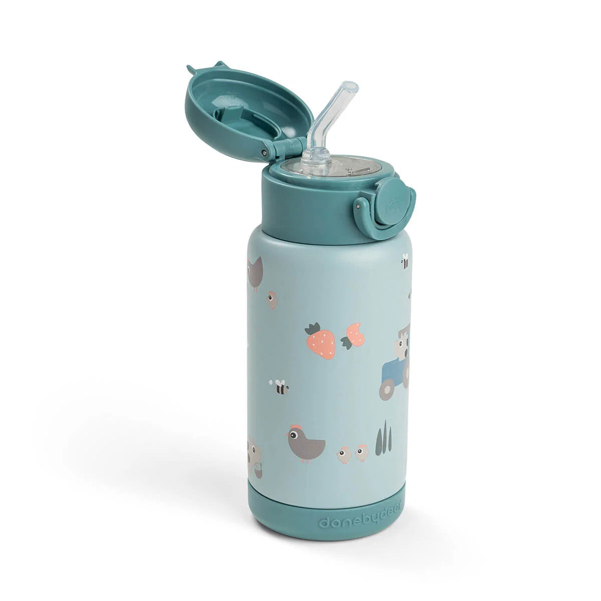 Garrafa térmica infantil azul com palhinha integrada Done by Deer Tiny Farm | done-by-deer-garrafa-termica-tiny-farm-palhinha-lollakids