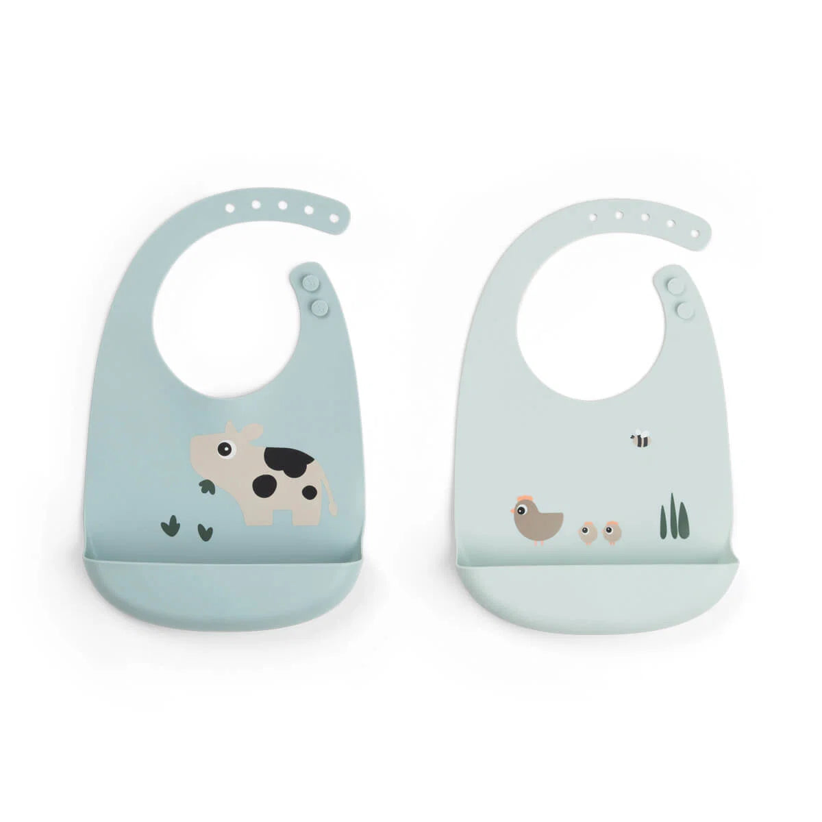 Pack de 2 babetes de silicone Tiny Farm Blue da Done by Deer | done-by-deer-babete-tiny-farm-lollakids
