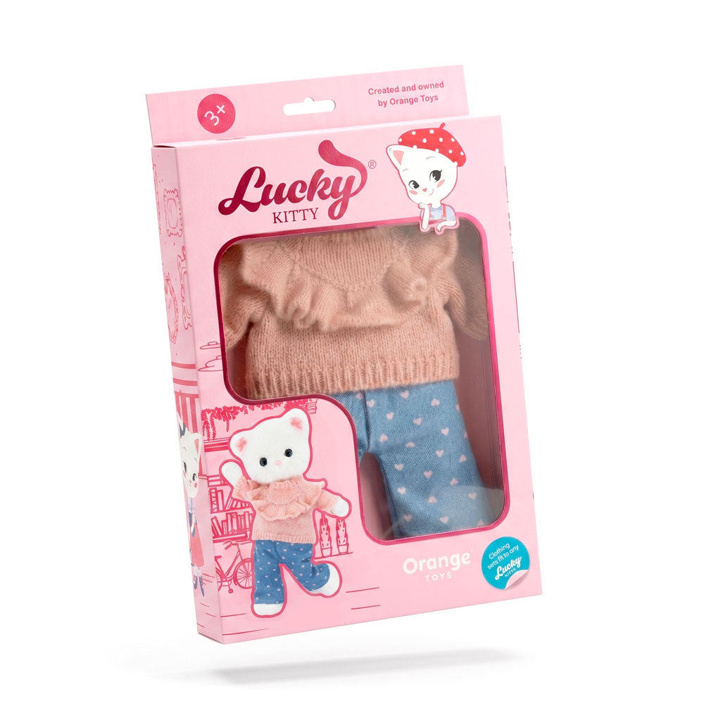 Caixa do conjunto de roupa Corações Sweet Denim da Orange Toys para peluche Lucky Kitty, com camisola rosa e calças de ganga | orange-toys-roupa-peluche-lucky-kitty-coracoes-sweet-denim-lollakids