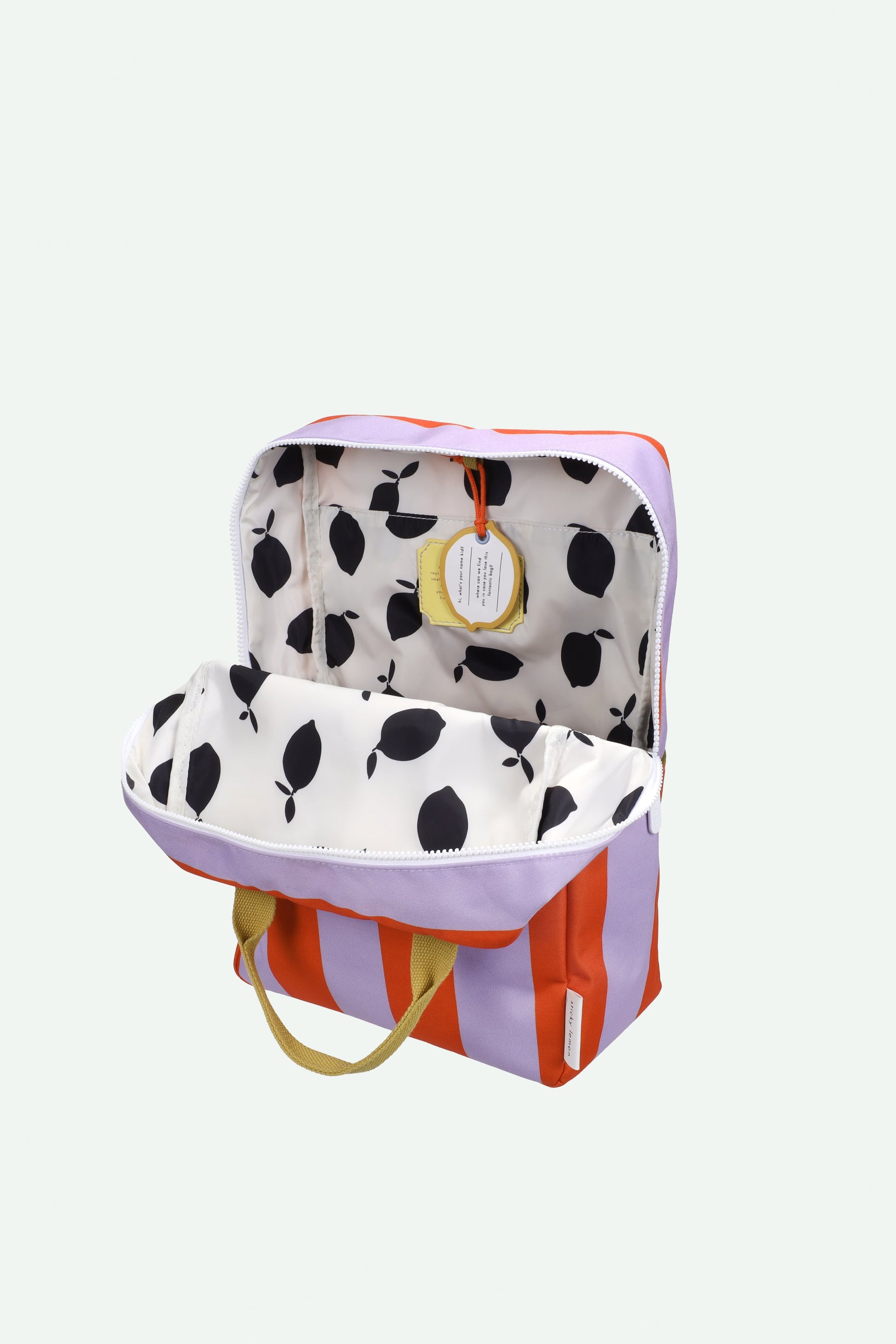 Mochila grande Sticky Lemon riscas laranja e lilás – vista lateral | sticky-lemon-mochila-riscas-lollakids