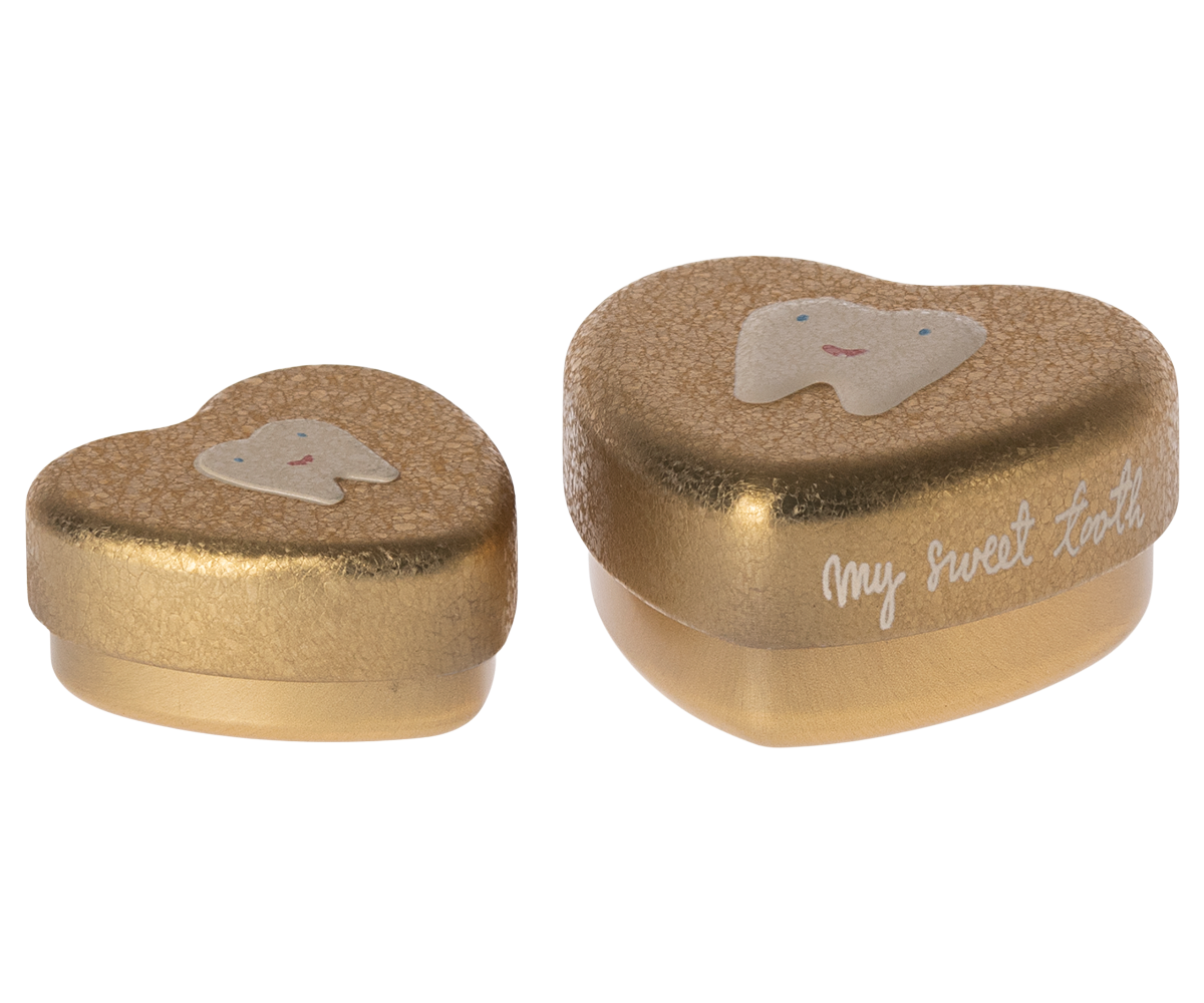 Caixa dos dentes em metal dourado em forma de coração da Maileg, conjunto de 2 peças | maileg-caixa-dentes-dourada-lollakids