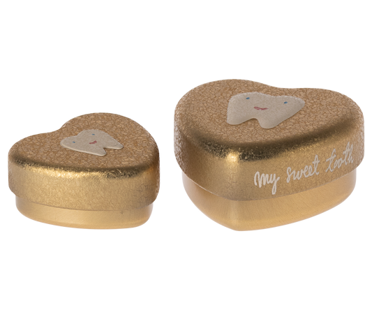 Caixa dos dentes em metal dourado em forma de coração da Maileg, conjunto de 2 peças | maileg-caixa-dentes-dourada-lollakids