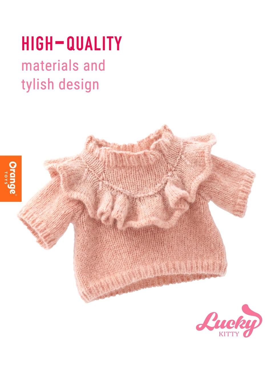 Camisola de malha rosa com folho franzido no decote, do conjunto Corações Sweet Denim da Orange Toys | orange-toys-roupa-peluche-lucky-kitty-coracoes-sweet-denim-lollakids