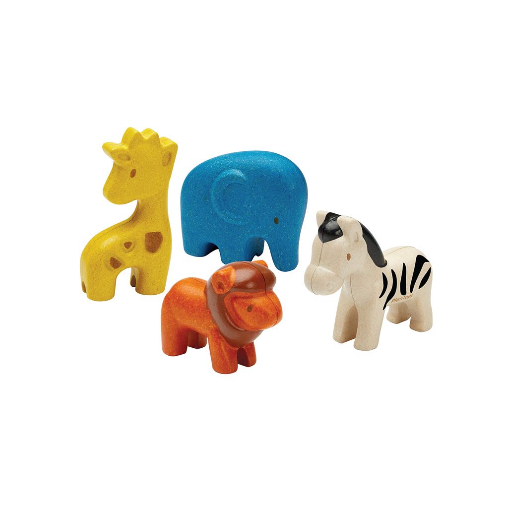 Conjunto de animais selvagens de madeira PlanToys - leão, elefante, zebra e girafa - Lolla Kids | plantoys-animais-selvagens-lollakids