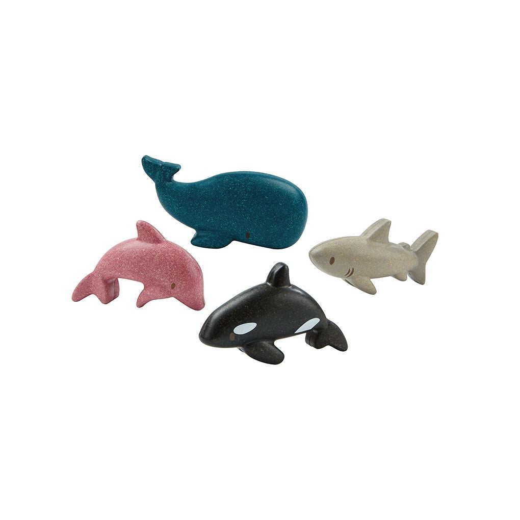 Conjunto de animais marinhos de madeira PlanToys - golfinho, orca, baleia e tubarão - Lolla Kids | plantoys-animais-marinhos-lollakids