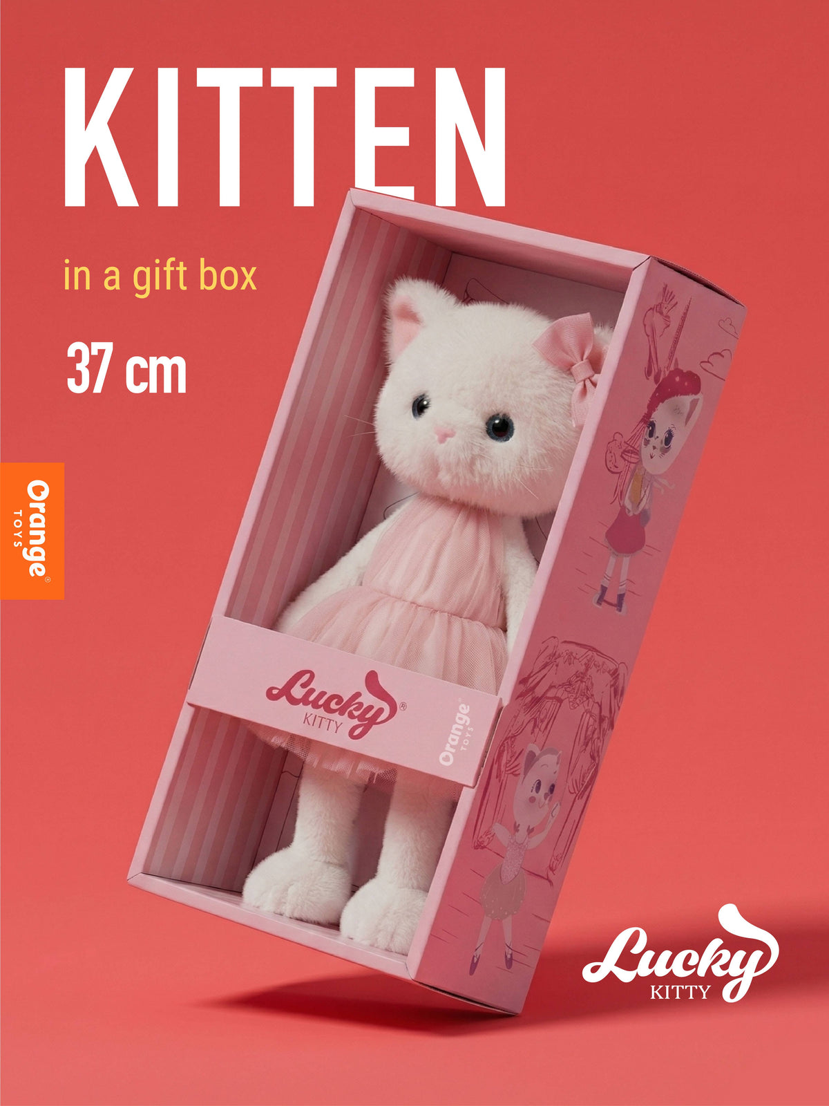 Gata de peluche Lucky Kitty Sophie da Orange Toys, 38 cm, com laço rosa | orange-toys-peluche-lucky-kitty-lollakids