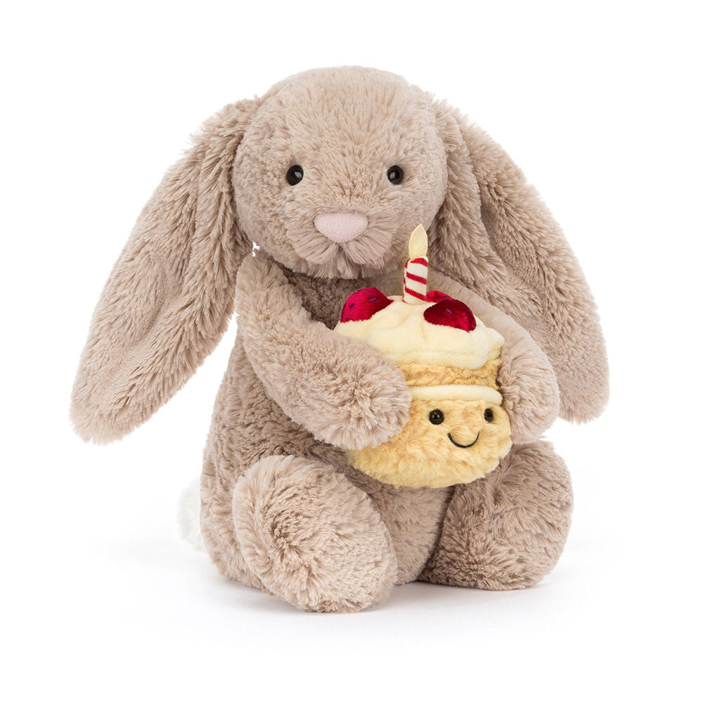 Coelhinha Bashful bege da Jellycat com bolo de aniversário | jellycat-bashful-coelha-aniversario-lollakids