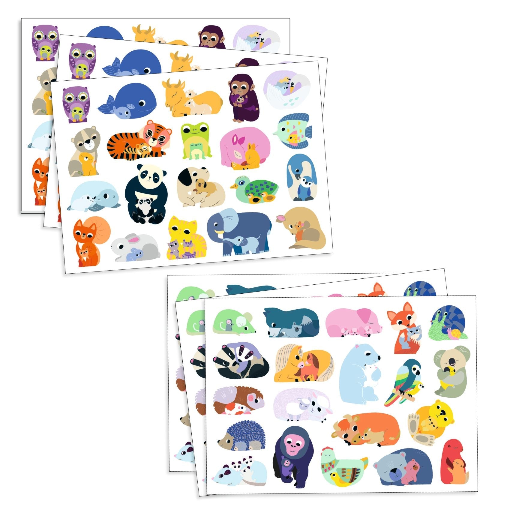 Folha com 120 autocolantes recortados de mamãs e bebés animais da Djeco | djeco-autocolantes-mamas-bebes-folha-lollakids