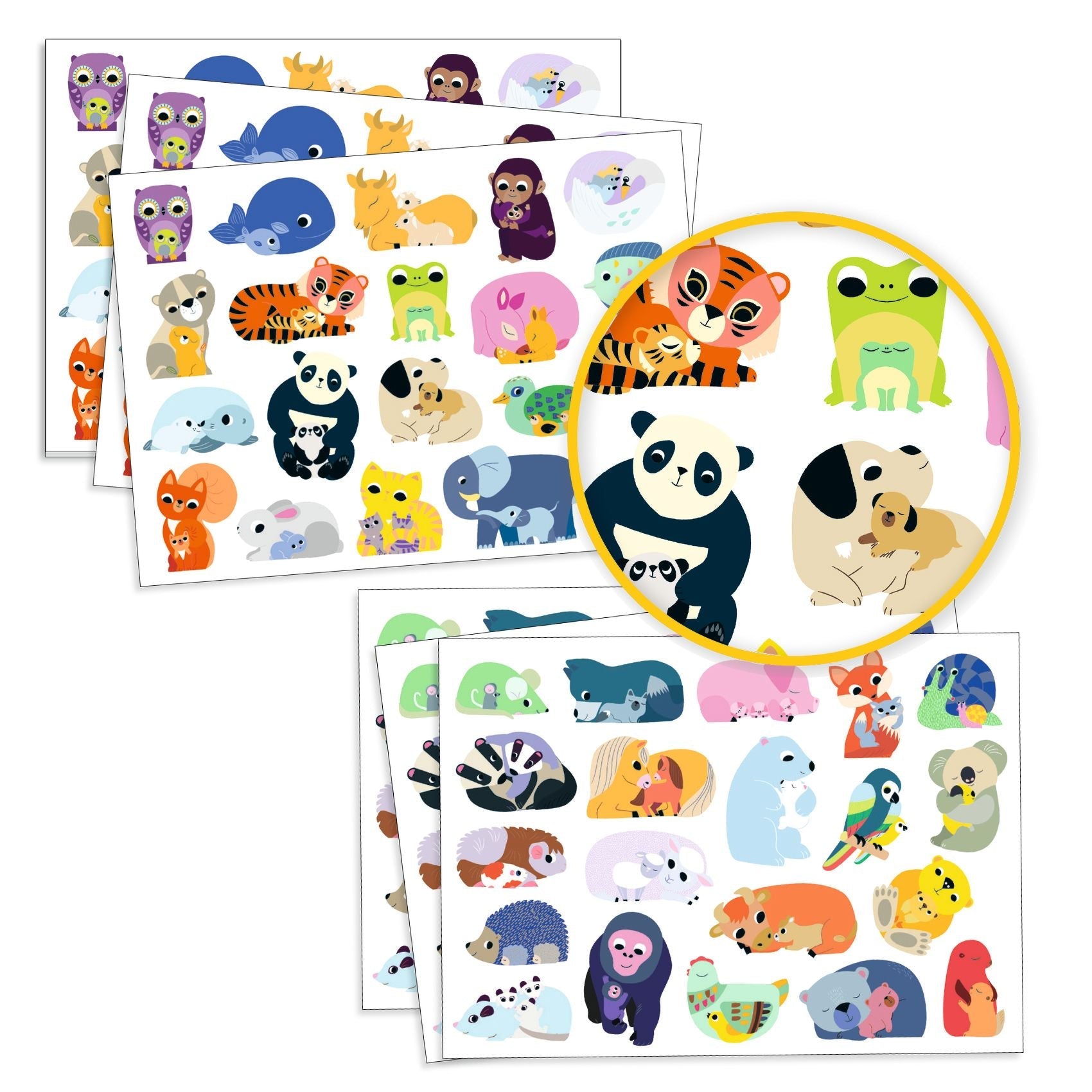Detalhe dos autocolantes fáceis de agarrar de mamãs e bebés animais da Djeco | djeco-autocolantes-mamas-bebes-detalhe-lollakids