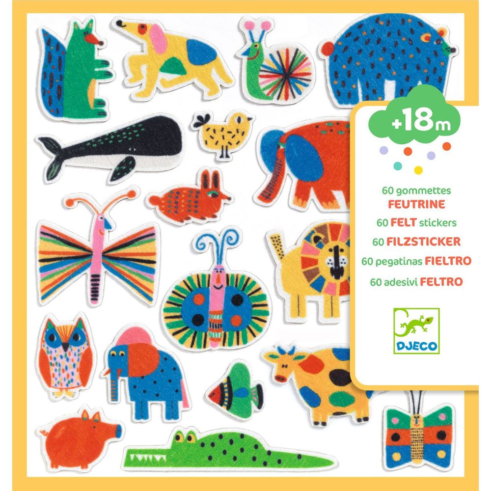 Pochete de 60 autocolantes de feltro de animais da Djeco | djeco-autocolantes-feltro-animais-lollakids