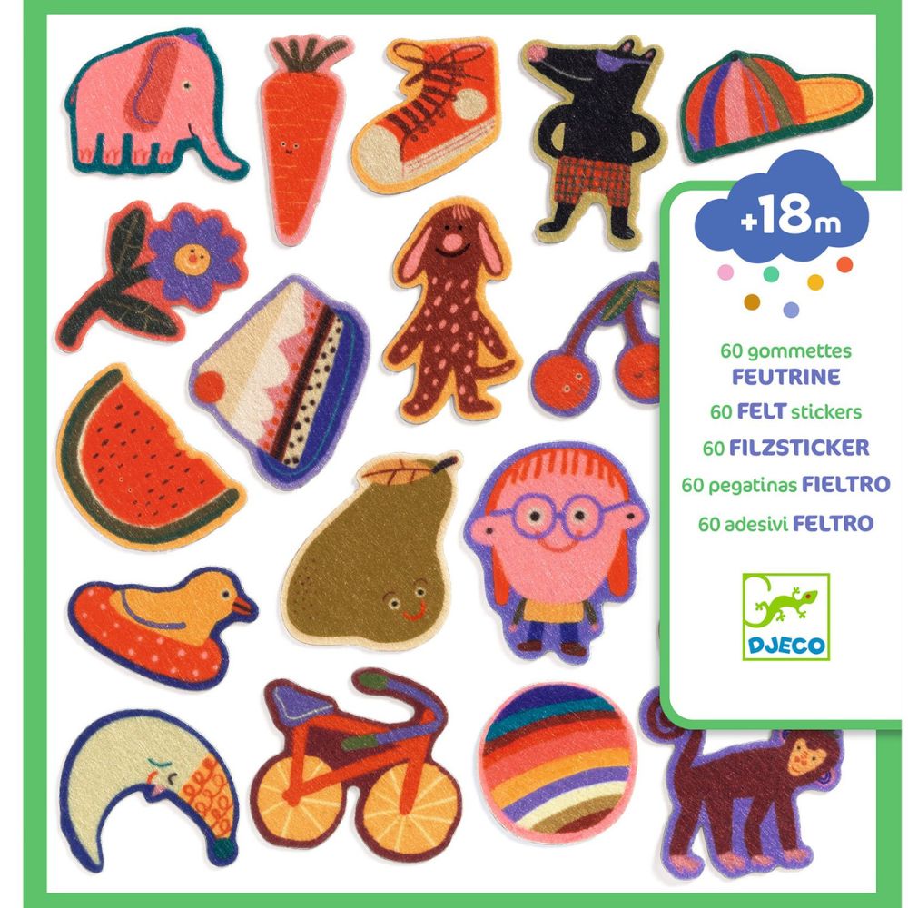 Pochete de 60 autocolantes de feltro da Djeco com criaturas divertidas | djeco-autocolantes-feltro-criaturas-divertidas-lollakids