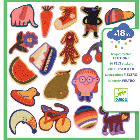 Pochete de 60 autocolantes de feltro da Djeco com criaturas divertidas | djeco-autocolantes-feltro-criaturas-divertidas-lollakids