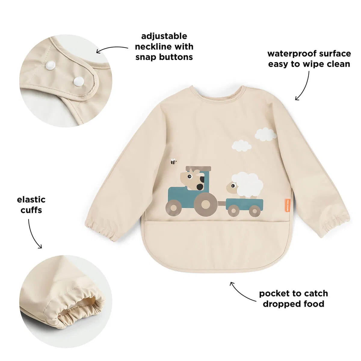 Detalhes de desenho e fecho do Babete com Mangas e Bolso Tiny Farm Sand
