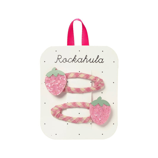 Ganchos de Cabelo Strawberry Fields Rockahula Kids rosa com morangos cintilantes em fita gingham | rockahula-ganchos-morangos-lollakids