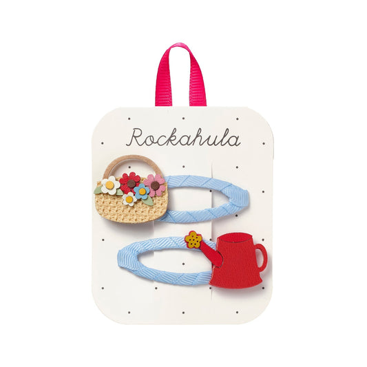 Ganchos de Cabelo Jardim da Primavera Rockahula Kids com cesto de flores e regador vermelho em fita grosgrain azul | rockahula-ganchos-jardim-primavera-lollakids