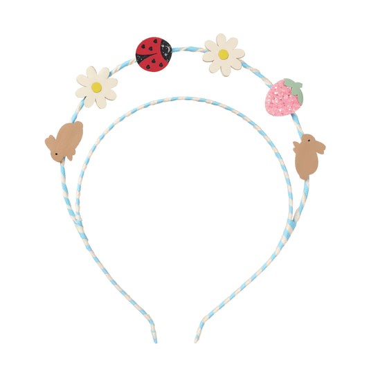 Fita de Cabelo Bunny and Friends Rockahula Kids com coelhinhos, joaninha e flores em azul pastel | rockahula-fita-cabelo-coelhos-lollakids