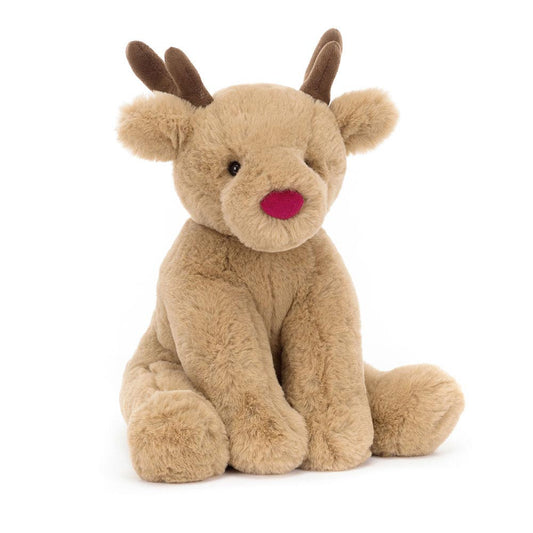 Romi Rena da Jellycat vista de frente – peluche natalício em forma de rena com expressão simpática, ideal como presente ou decoração de Natal.