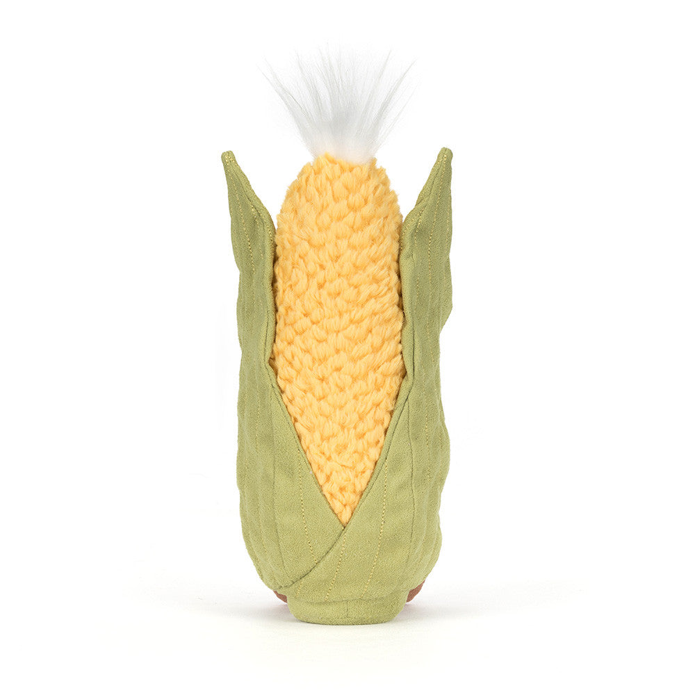 Vista traseira do Peluche Jellycat Amuseables Sweetcorn com folhas verdes e corpo amarelo