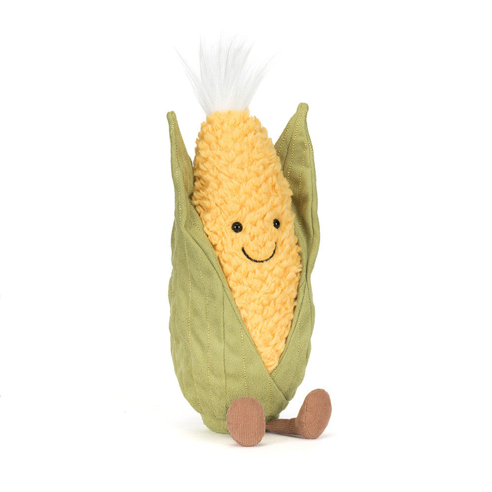 Peluche Jellycat Amuseables Sweetcorn com folhas verdes e corpo amarelo