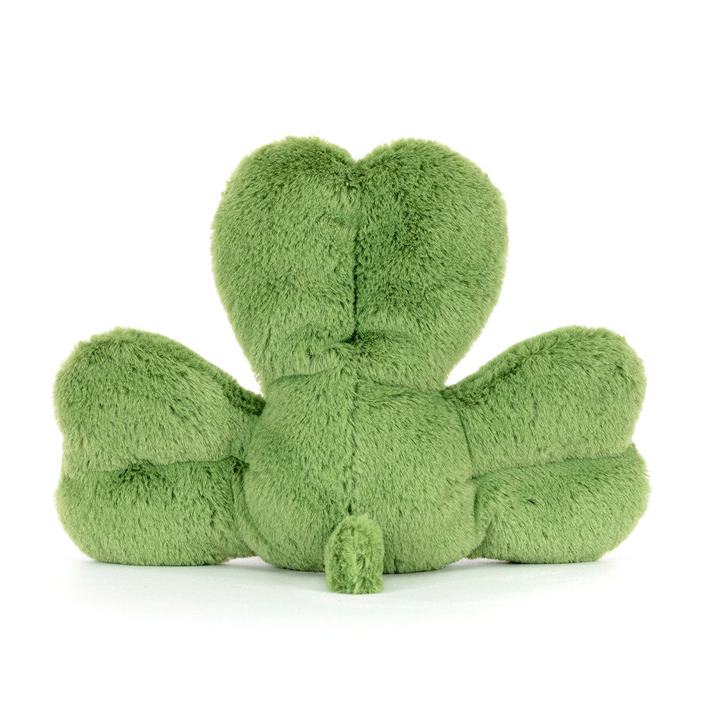 Vista traseira Peluche Jellycat Amuseables Siofra Shamrock com folhas verdes