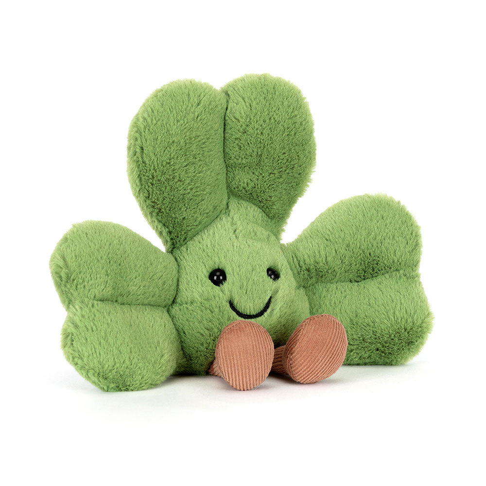 Vista Frontal Peluche Jellycat Amuseables Siofra Shamrock com folhas verdes