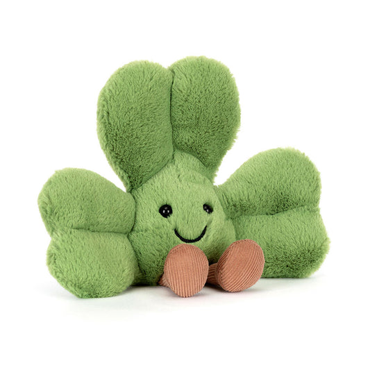 Vista Frontal Peluche Jellycat Amuseables Siofra Shamrock com folhas verdes