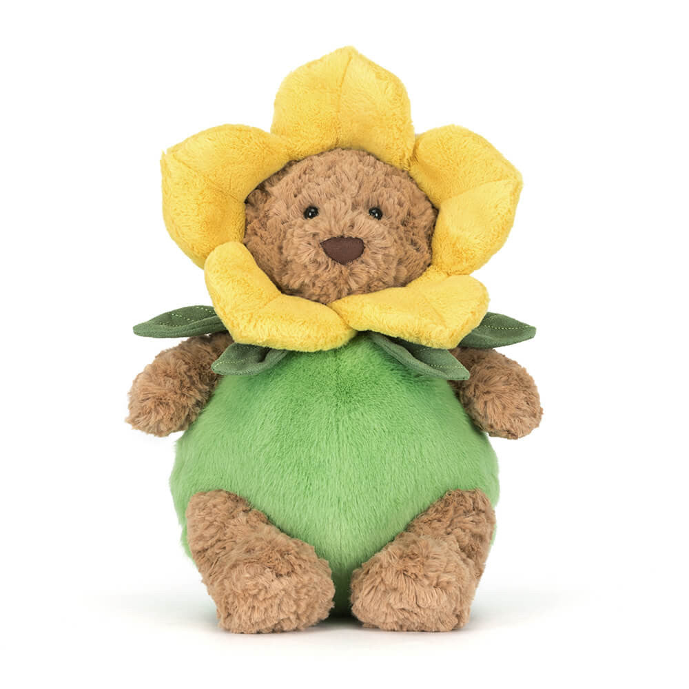 Vista frontal do Bartholomew Bear Jellycat com traje de narciso sentado